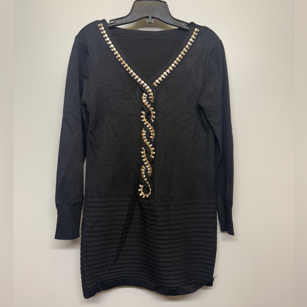 Black Sweater Dress with Gold Embellishments SIZE M
